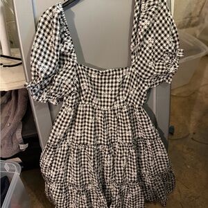 Storia Black & White Gingham Puff-Sleeve Tiered Mini Dress
